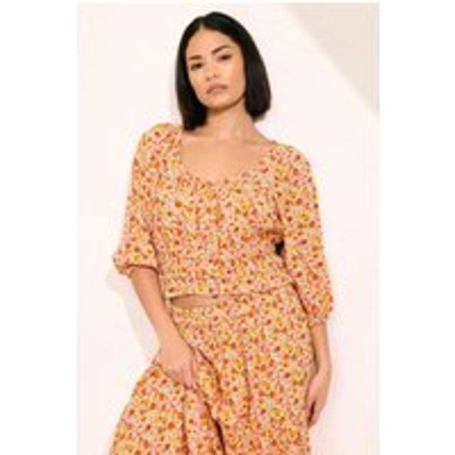 Pixiegirl Petite Orange Ditsy Floral Puff Sleeve Top 14 Pixiegirl | Petite Women's Printed Tops