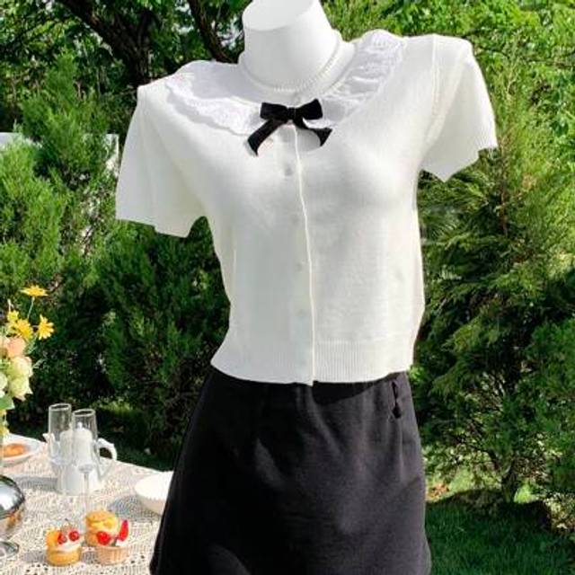 Comfortcana Women&#39;s Summer White Embroidered Ruffled Doll Collar Butterfly Decoration Short-Sleeved Knitted Cardigan, Suitable For Daily Street Wear
