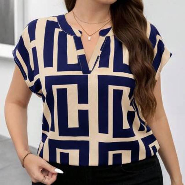 SHEIN Plus Size Elegant Geometric Print Blouse, Suitable For Work & Teachers Outfit,Business Casual Woman