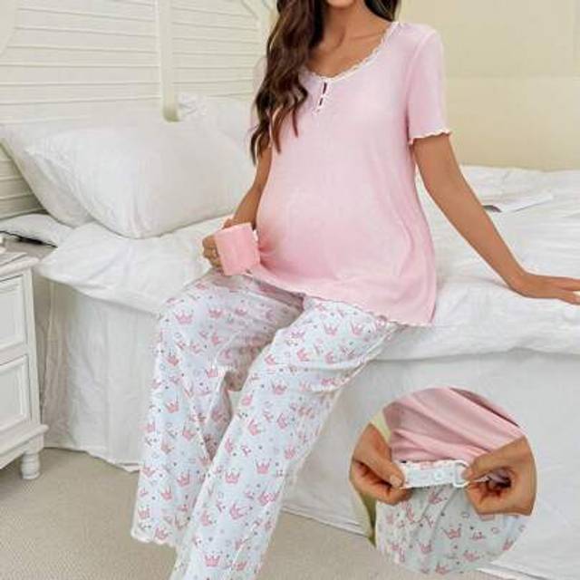 Dam Spets Patchwork Rund hals Halvknapp Krontryckt Kortärmad Långbyxa Gravid Pyjamasset - Babyrosa (L,M,S,XL)