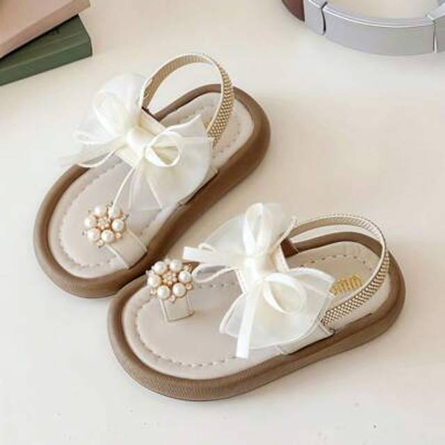 Flicksandaler Sommar Nytt Småbarnsmode Barn Platta Skor Peep Toe Princess Skor Söta Bowknot Flickor Casual Sandaler Strandskor, Sweet & Fairy Style - Beige (EUR21,EUR22,EUR23,EUR24,EUR25,EUR26,EUR27,EUR28,EUR29,EUR30)
