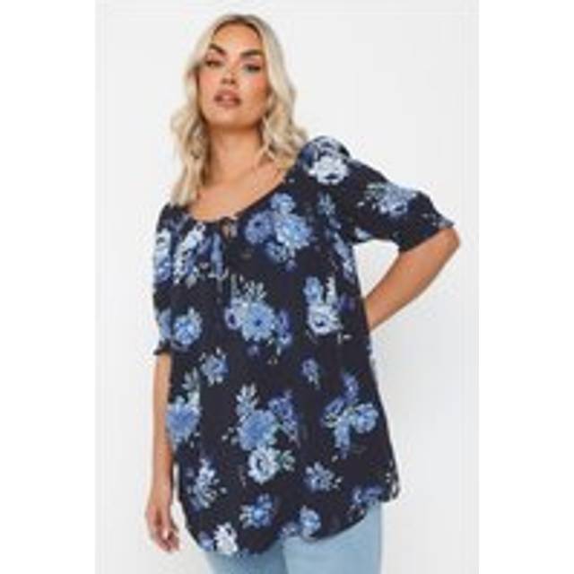 Yours Curve Navy Blue Floral Tie Neck Top, Women's Curve & Plus Size, Yours - 22-24