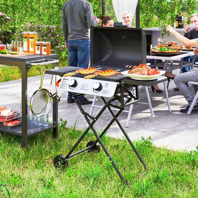 Outsunny Portable Foldable Gas Barbecue Grill with Thermometer - Lid - Black | TJ Hughes