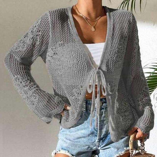 Breezaya Solid Color Knotted Front Casual Vacation Long Sleeve Cardigan, Summer