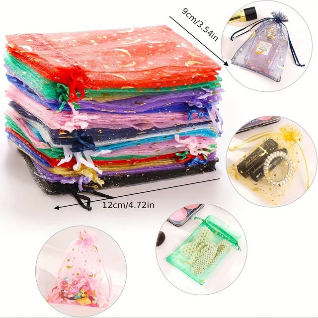 TEMU 100pcs Small Medium Large Moon Star Drawstring Organza Gift Bags Wedding Party Favor Pouch For Party Favors Jewelry Bags Jewelry Pouch Valentines Day & Christmas Celebrations