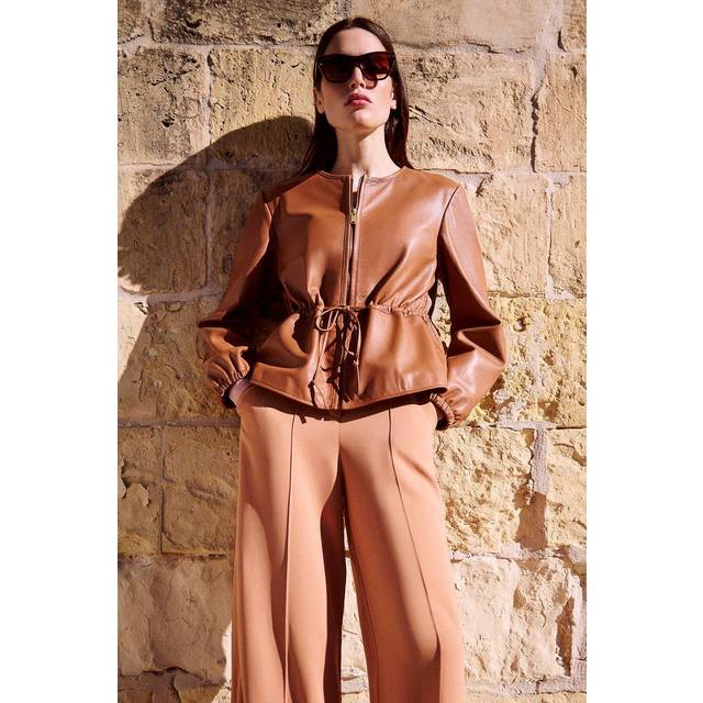 Leather Drawstring Tailored Collarless Jacket - Tan