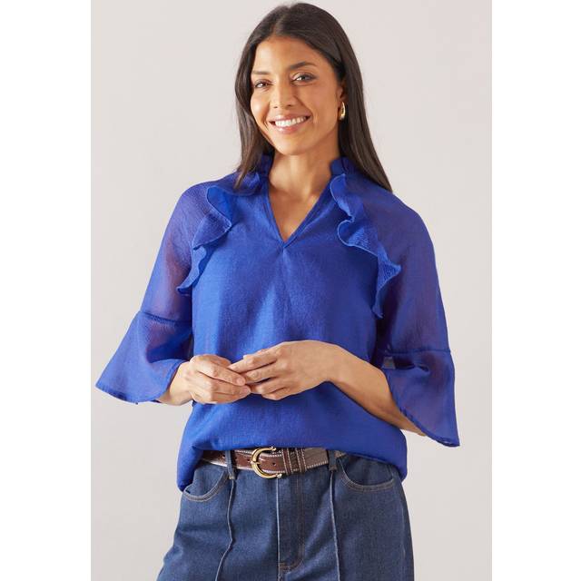 Womens Organza Ruffle ¾ Sleeve Blouse - Cobalt - 16