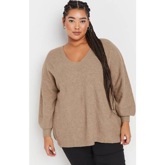 Yours Curve Natural Brown Vneck Balloon Sleeve Jumper, Women's Curve & Plus Size, Yours - 26-28