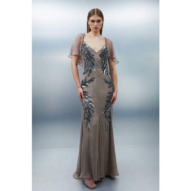 Feather Embellished Woven Cape Sleeve Maxi Dress - Taupe