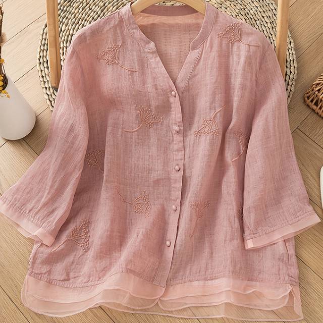 TEMU Women's Vintage Bohemian Floral Embroidered Blouse - Soft Pink Long Sleeve Shirt With Collar, Machine Washable Non-see-through Fabric For Spring Summer Fall Casual & Formal Wear, Ladies Blouses