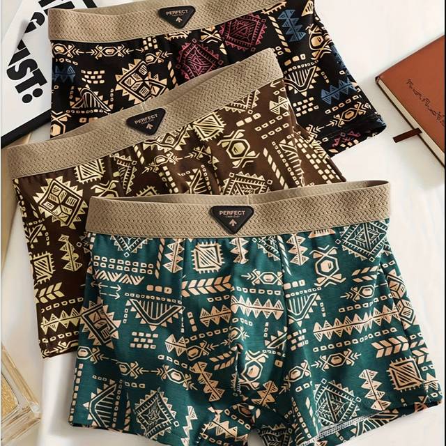 TEMU -soft Series - 3pcs Of Men's Graffiti Mid-rise Elastic Boxers - Comfortable Breathable Quick-dry Print Underwear Set