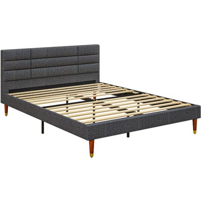 Homcom 5Ft Upholstered King Bed Frame W/ Wooden Slat No Box Spring Needed, Grey