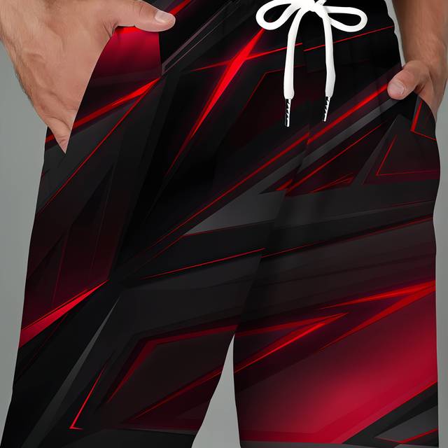 TEMU Men's Plus Size Casual Summer Shorts - Geometric Pattern, Breathable Fabric, Drawstring Waist, Pockets, , Shorts|geometric Pattern Shorts|stretchable Fabric