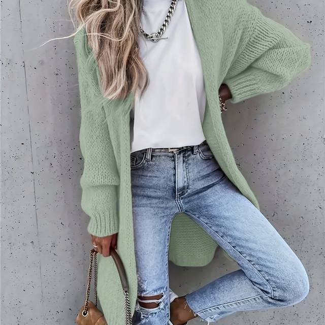 TEMU Women's Stylish Long-cardigan Sweater - Ribbed Knit, Drop Shoulder, Solid Green, Fall & Winter, Casual Attire||ribbed Knit Cardigan
