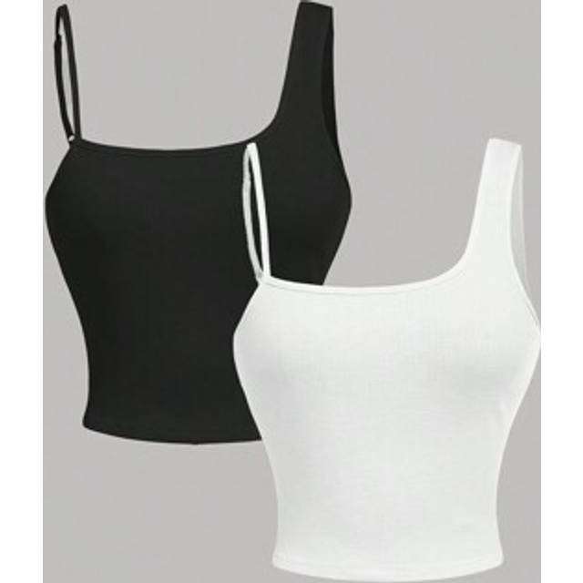 SHEIN Teen Girls Black & White Cropped Rib Knit Camisole Tops, Multi-Pack Casual Sleeveless Tanks