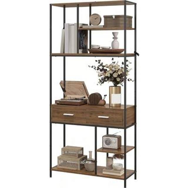 SHEIN 5 Tier Bookcase, Industrial Book Shelf With 2 Drawers And Metal Frame, Bookshelf For Home Office, Study, Living Room, Brown