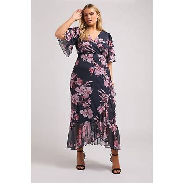 Yours London Curve Navy Blue Floral Print Ruffle Wrap Dress, Women's Curve & Plus Size, Yours London - 18