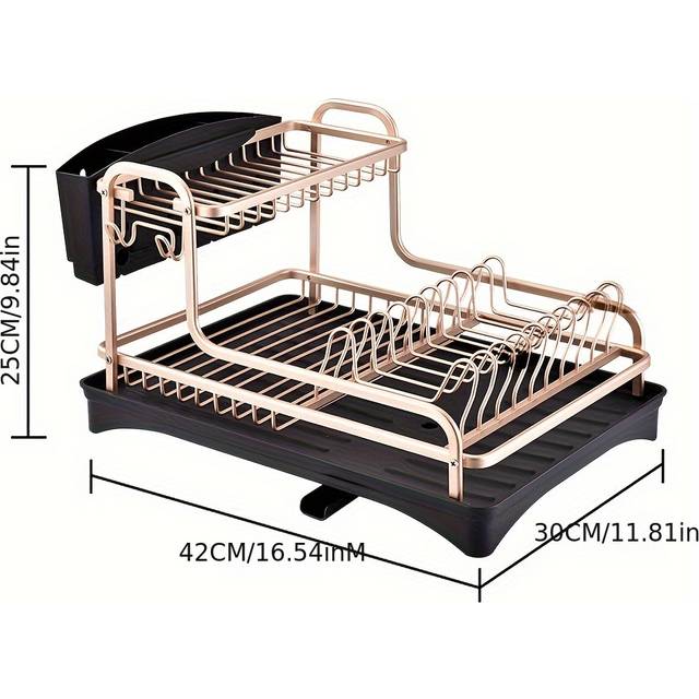 TEMU 2 Tiers Dish Drainer Rack With Swivel Spout Drip Tray, Large Capacity Rose Gold Aluminum Dish Rack With Utensil Holder For Kitchen Countertop Organiser
