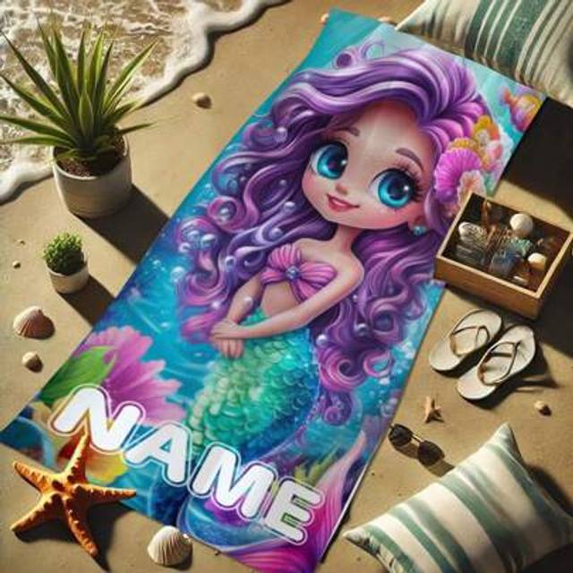 SHEIN 1 Mermaid Custom Beach Towel, Quick Dry Microfiber, Extra Large Lightweight Travel Blanket, Modern Knit Fabric, Machine Washable, 100% Polyester - Gre