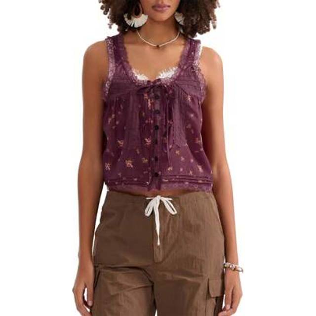 SHEIN Women Cotton Lace Trim Crop Vest Sleeveless Button Outwear Gilet Casual Streetwear