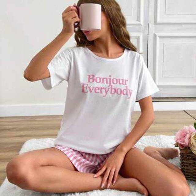 SHEIN Cotton 2pcs Women Line Print Short And Slogan Print Top Homewear Pajama Set