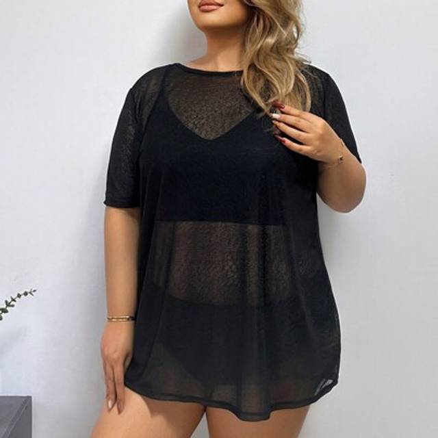 SHEIN Plus Size Women&#39;s Solid Color Chiffon Round Neck Half Sleeve Loose Casual Short Cover-Up Cover Up For Holiday For Summer Beach Vacation