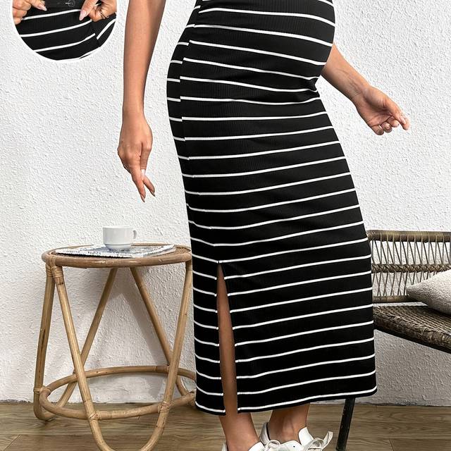 TEMU Maternity Midi Dress With Stripes Casual High-waisted Long Skirt For Summer