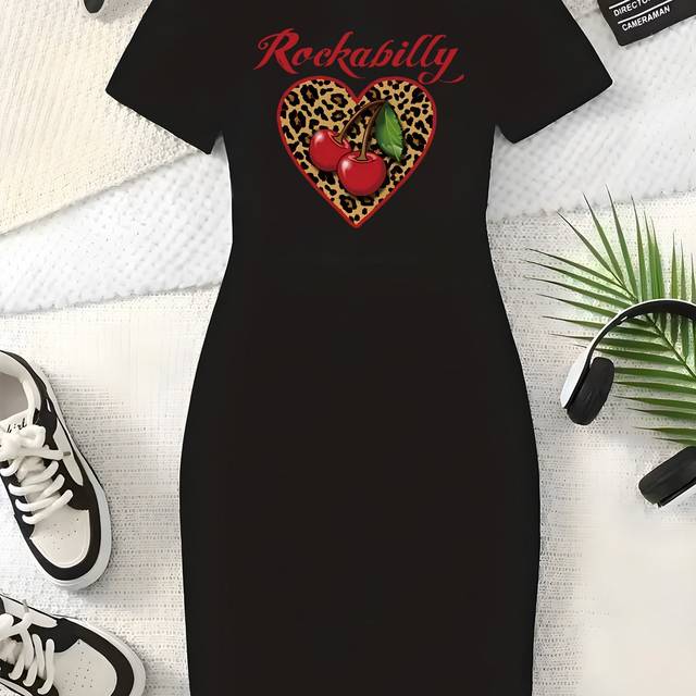 TEMU Women' Short Sleeve Bodycon Dress - Rockabilly Graphic Print With Leopard & Red Hearts, Round Neck Machine Washable Spring Summer Casual Elegant Dress, Trendy Outfit, Graphic Print,
