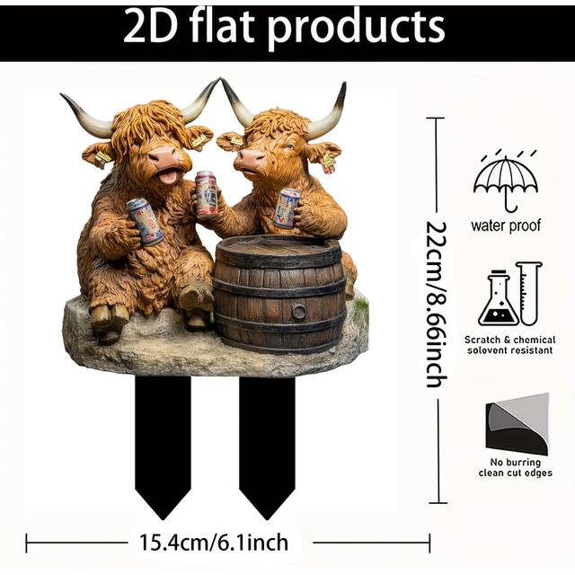 TEMU 2d Flat Printing 2d Flat 1pc Highland Cow Acrylic Garden Sign - 6" X 8.7" Bohemian Style, Weatherproof Outdoor Decoration, With And Soda | Yard, Lawn, Backyard | Ideal Housewarming Gift
