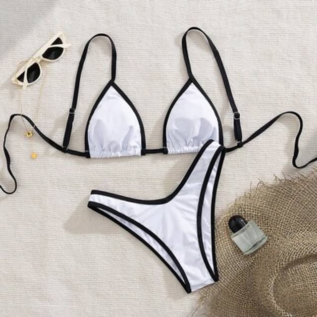 Nytt mode sexigt enfärgat band Tie Up Triangel Bikini Set Dam Badkläder i två delar - Vitt (L,M,S)