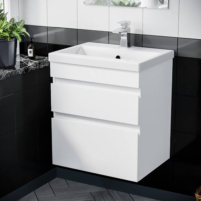 Nes Home 500mm PVC 2 Drawers White Wall Hung Vanity Unit Cabinet and Basin Sink