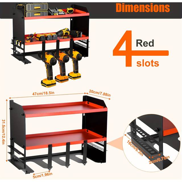 TEMU 1pc 3-tier Heavy-duty Metal Wall Shelf - Sturdy Power Tool Organizer With Cordless Drill Hanger And Battery Storage Rack For Garage Workshop Organization - Pegboard And Shed Use