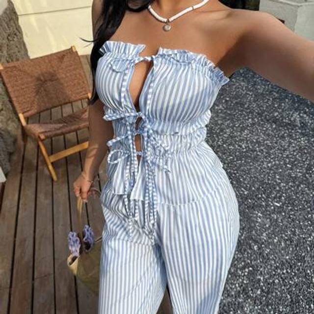 2st/set Damrandig bandeaudesign och randiga byxor, Casual Woven Co-Ord Set, Petite - Blått och Vitt (Petite XXS,Petite XS,Petite S,Petite M,Petite L)