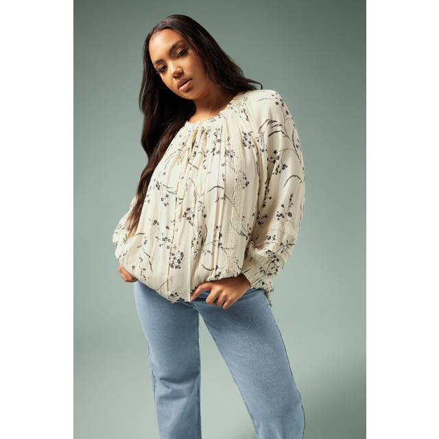 Yours Curve White Floral Tie Neck Pintuck Top, Women's Curve & Plus Size, Yours - 30-32
