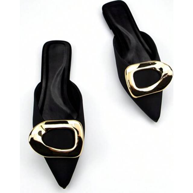 SHEIN Fashionable Women&#39;s Black Lycra Fabric Flat Mules With Gold Metal Buckle Decoration For Daily Wear