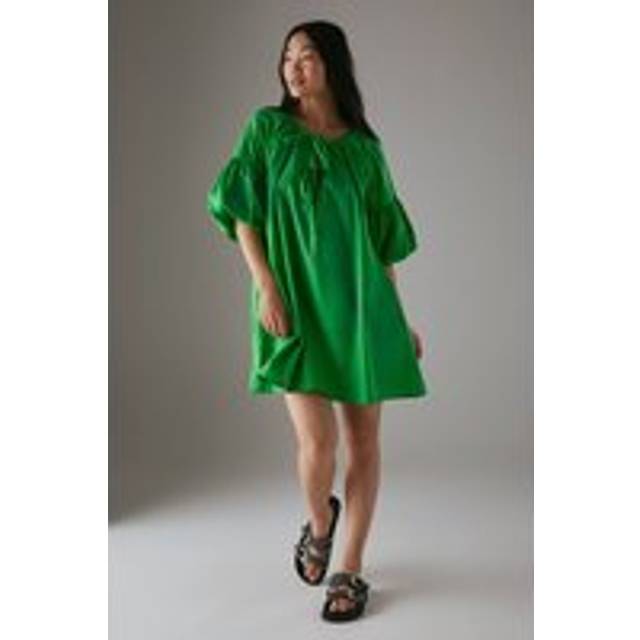 Womens Petite Cotton Tie Front Mini Smock Dress - Green - 14