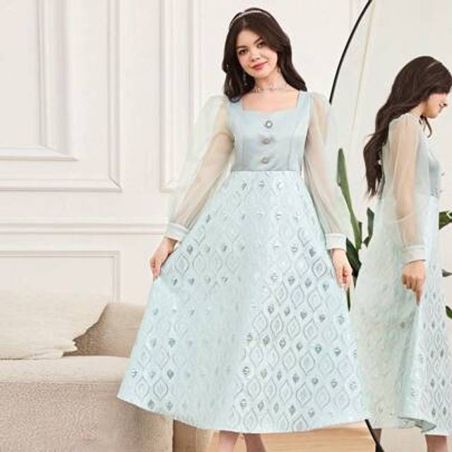 SHEIN TEENGIRL Sparkly Diamond-Patterned Lantern Sleeve Puff Princess Dress