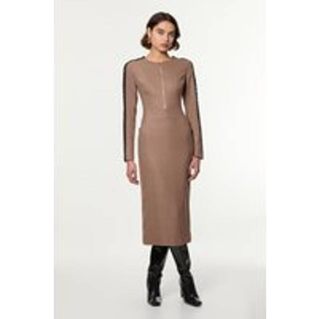 Tailored Twill Lace Mix Zip Front Midi Dress - Taupe