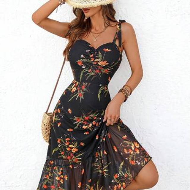 SHEIN Women&#39;s Gothic Elegant Black Background, With Colorful Floral Print On Mesh Fabric, A Spaghetti Strap Dress That Cinches At The Waist And Features A W