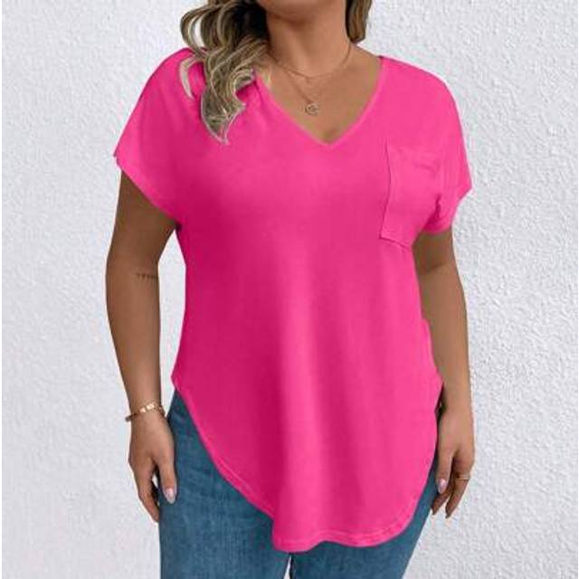 Plus Size Dam V-ringad Kortärmad Casual T-shirt med ficka - Skrikrosa (0XL,1XL,2XL,3XL,4XL,5XL)