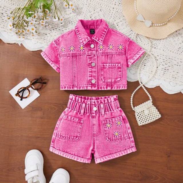 SHEIN Baby Girl Distressed Denim Short Sleeve Button-Up Top And Denim Shorts Set