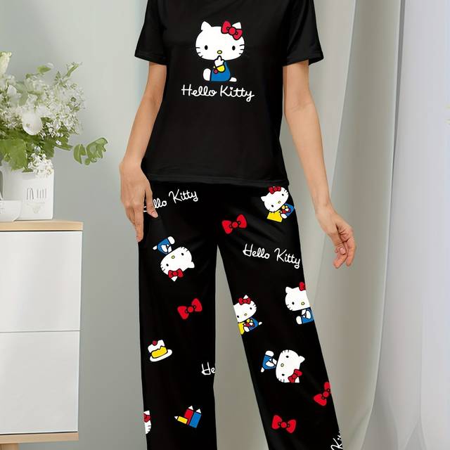 TEMU Three-letter For Hello Kitty Women's Cartoon Pajama Set, Short-sleeve Round Neck Top And Pants, Comfortable Loose-fit Summer Version