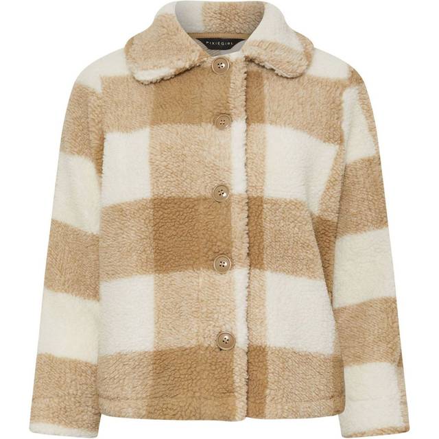 Pixiegirl Petite Natural Brown Check Teddy Fleece Jacket 16 Pixiegirl | Petite Women's Jackets