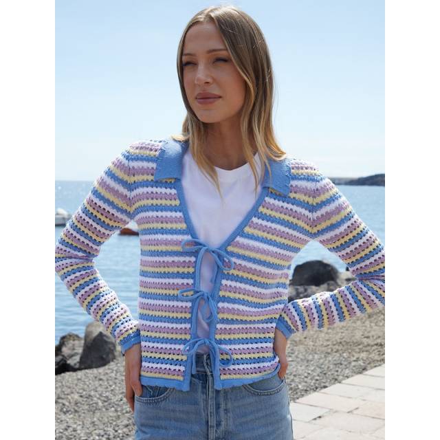 Womens Stripe Tie Front Crochet Knit Cardigan - Blue - 12