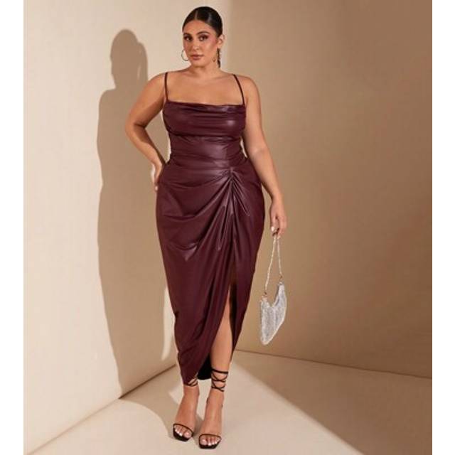 SHEIN Plus Size Women Elegant Party Birthday Leather Pu Draped Asymmetrical High Slit Dress, Winter