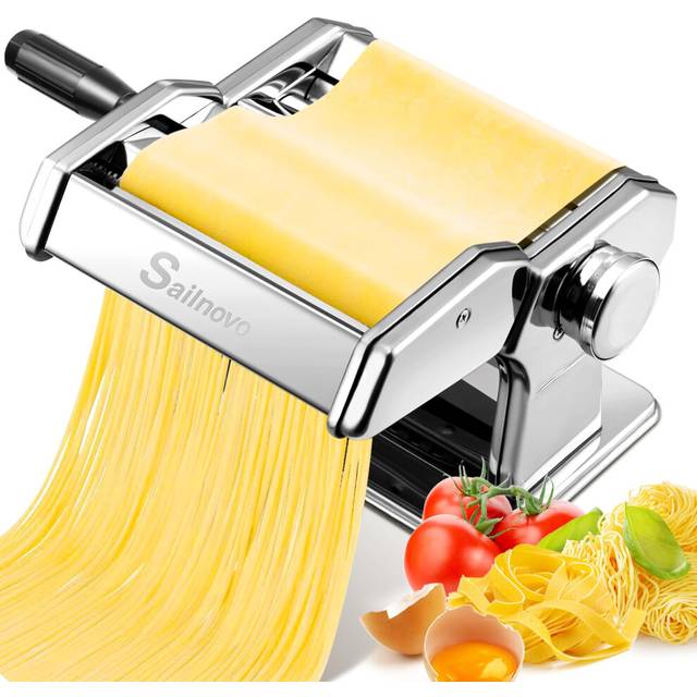 Sailnovo Pasta Machine Pasta Maker, 180 Aluminum Alloy Manual Pasta Roller with 9 Adjustable Thickness Settings and 2 Cutter, Perfect for Spaghetti,