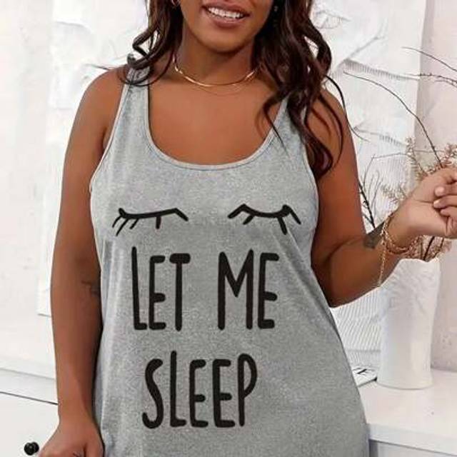 SHEIN Plus Size Women Summer Casual Loungewear Sleepwear Set, Sleeveless Lash And Letter Print Top With Dress