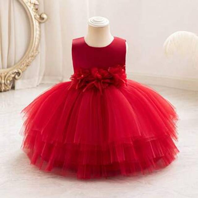 SHEIN Baby Girl Elegant Round Neck Sleeveless 3D Flower Decor Mesh Skirt Dress