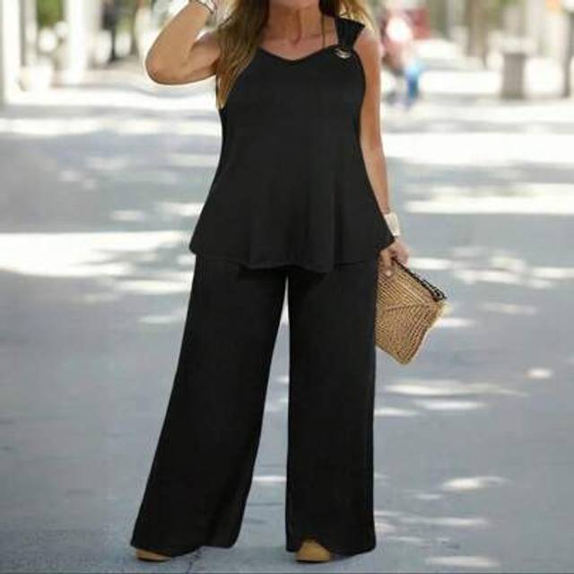 SHEIN Plus Size Two Pieces Set - Sleeveless Tank Top & Wide Leg Loose Pants With Pocket Outfits - Summer Solid Casual Women&#39;s Clothing