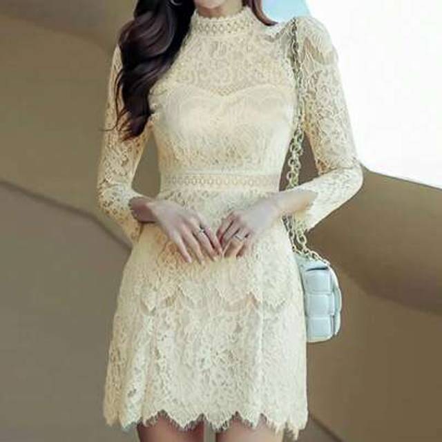 SHEIN Woman Bridal Shower Dress Dress Lace Stand Collar Slim Dress